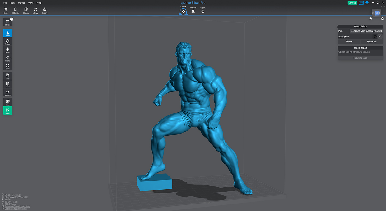 A 3D-printable STL file of a superhero in a dynamic action pose, with intricate muscle definition